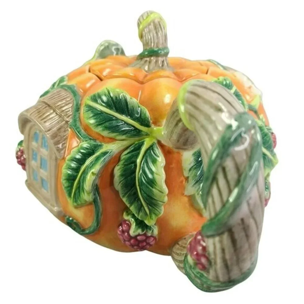 Fitz‎ and Floyd Teapot Its Harvest Time Embossed Handpainted Pumpkin House READ